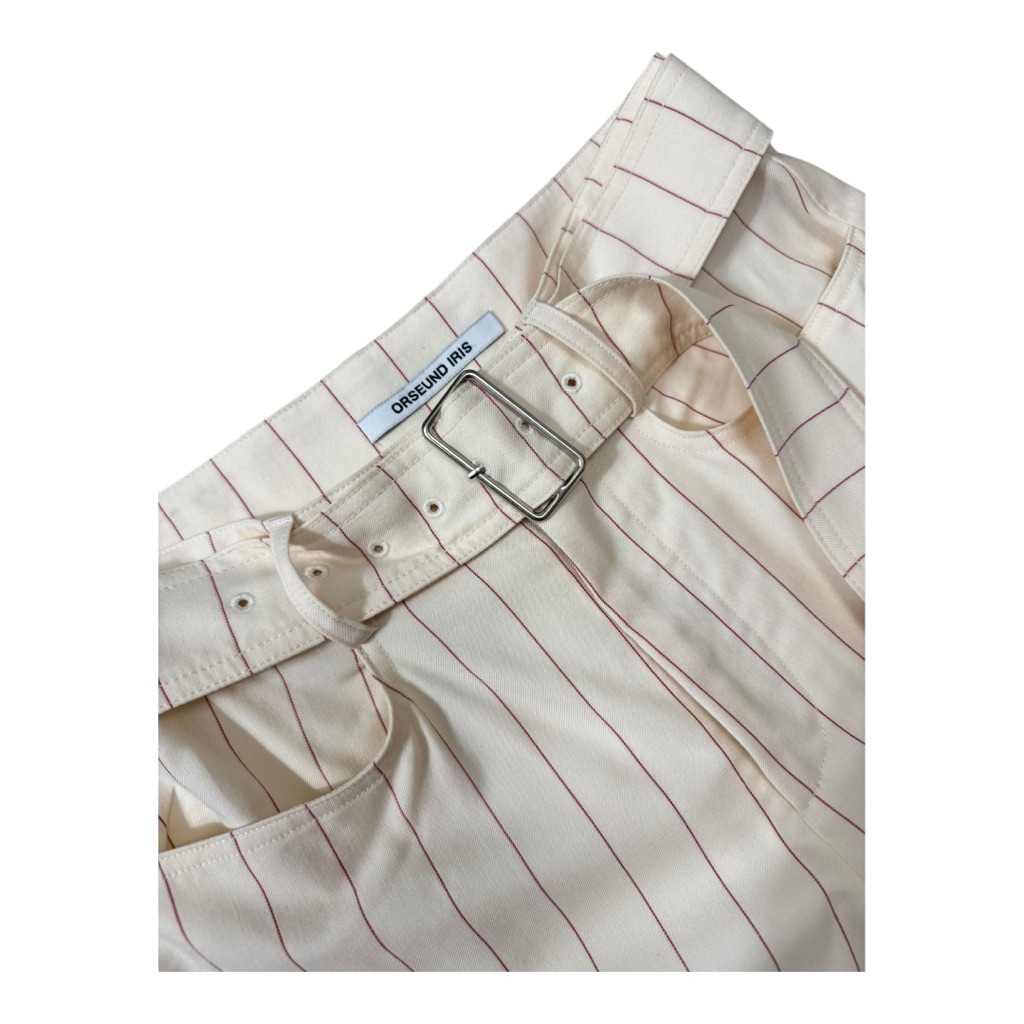 Orseund Iris | $875 Flare Crop Belted Pinstripe Wool Pants In Cream/Red, Size 6 — image 8 of 8